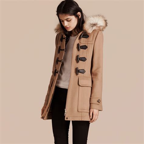 burberry fur trim hooded duffle coat|burberry faux fur camel coat.